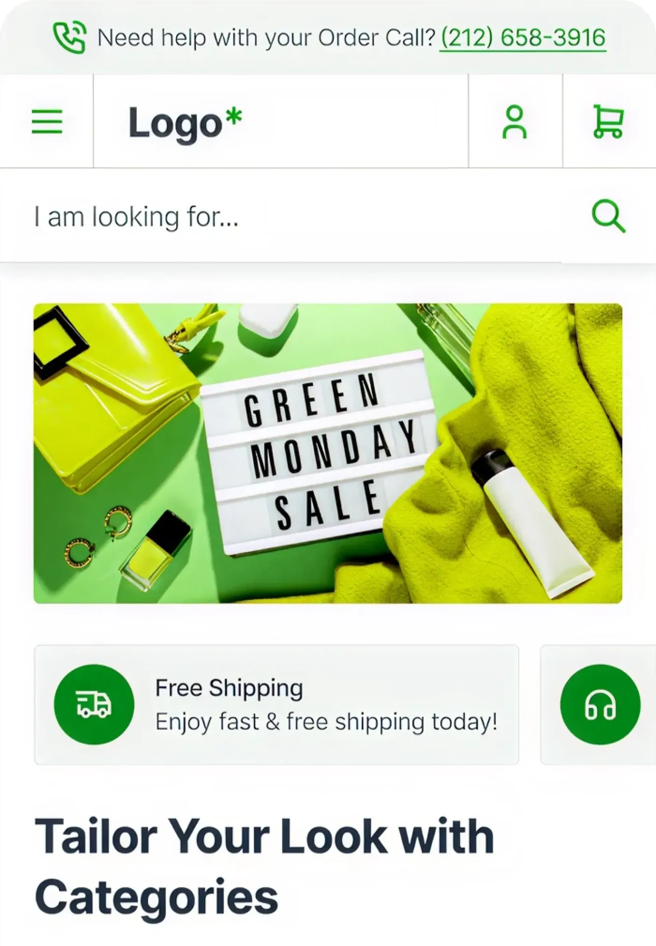 The same storefront themed for a Green Monday sale.