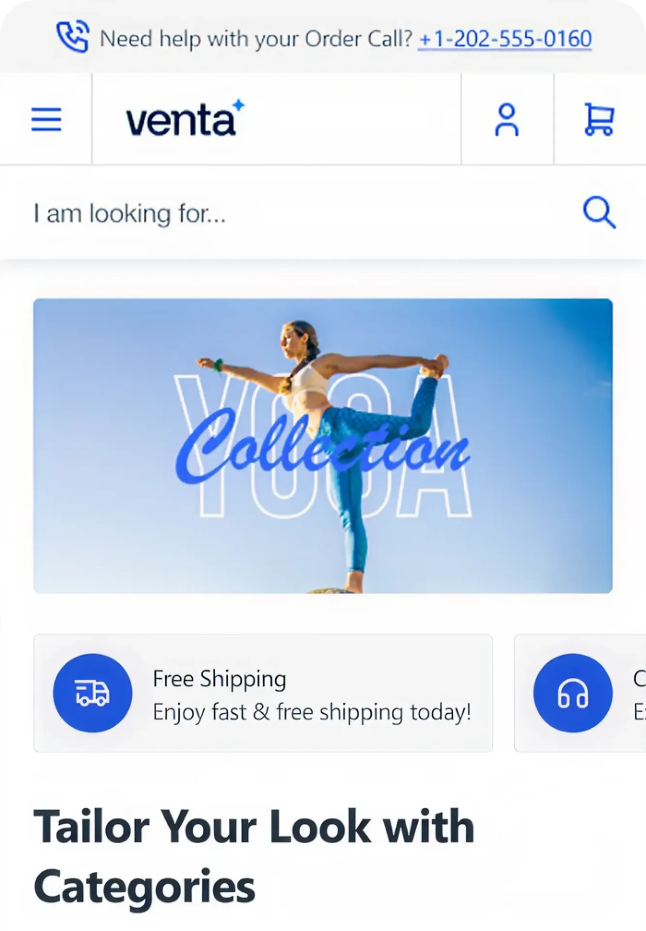 Venta storefront home page with a yoga collection banner and category tiles.