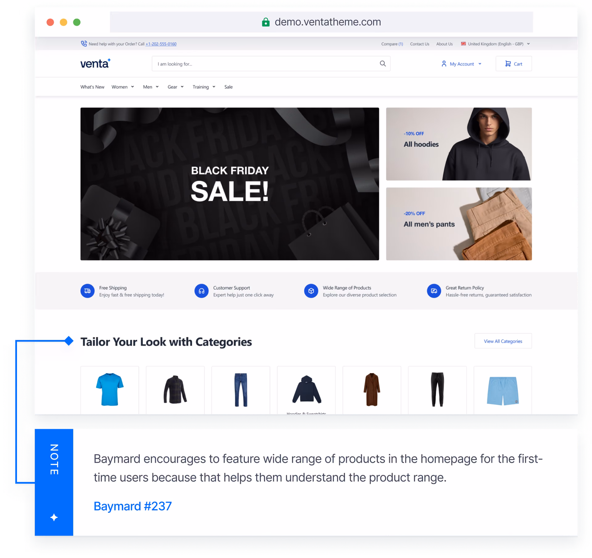 E-commerce homepage mockup with Baymard research annotation