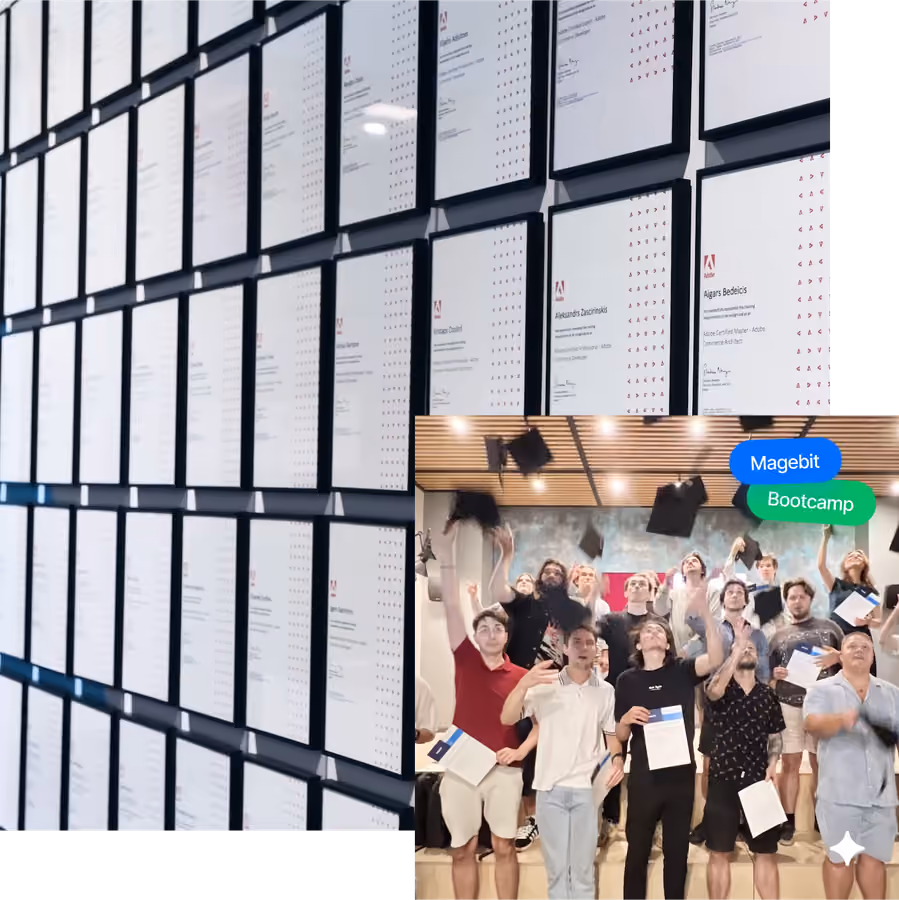Wall filled with framed certificates and a group of young adults celebrating by tossing graduation caps in the air at Magebit Bootcamp.