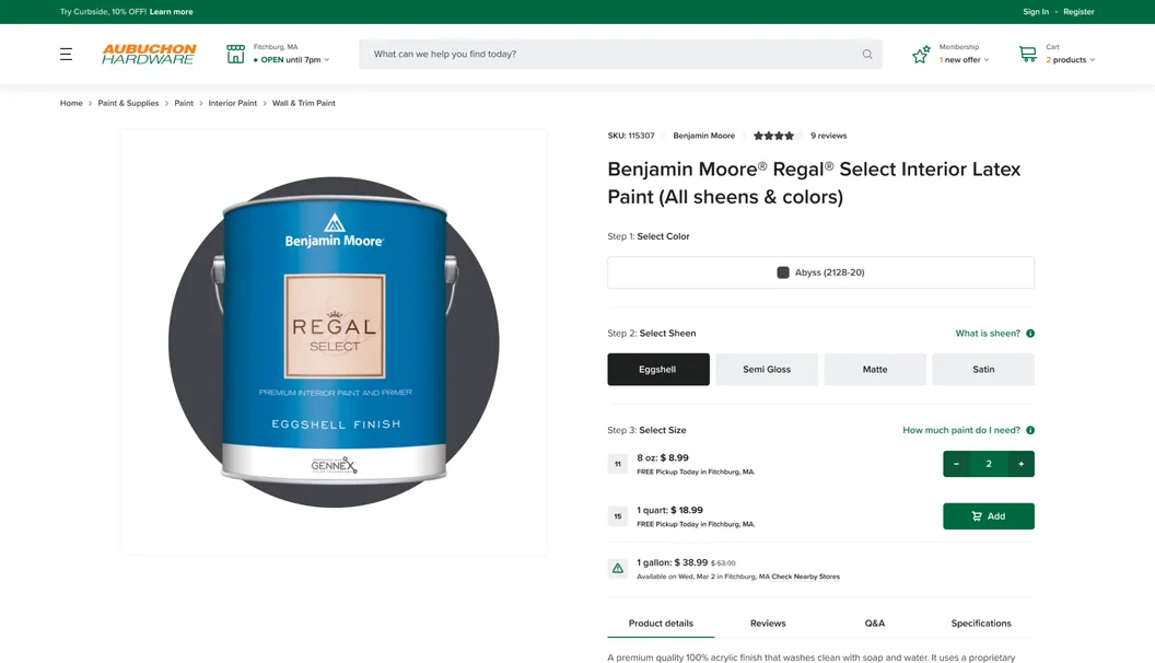 Multi-seller product page for Benjamin Moore paint in a browser window