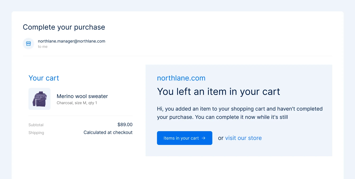 Abandoned cart reminder email showing the shopper’s cart contents and a return-to-cart button, sent without a discount code