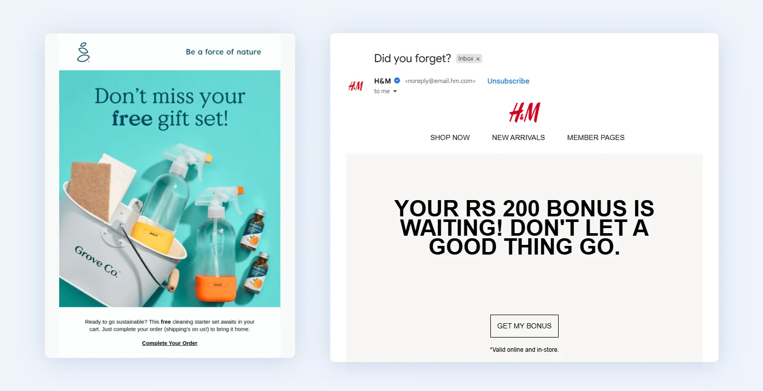 Two abandoned cart emails using non-discount incentives: a free gift set offer and a loyalty bonus reward