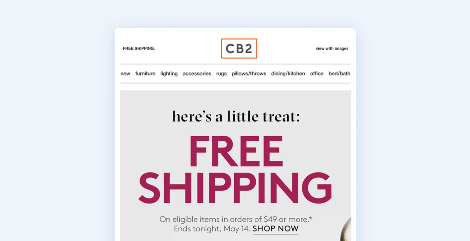 Abandoned cart email offering free shipping on eligible orders over $49 instead of a product discount