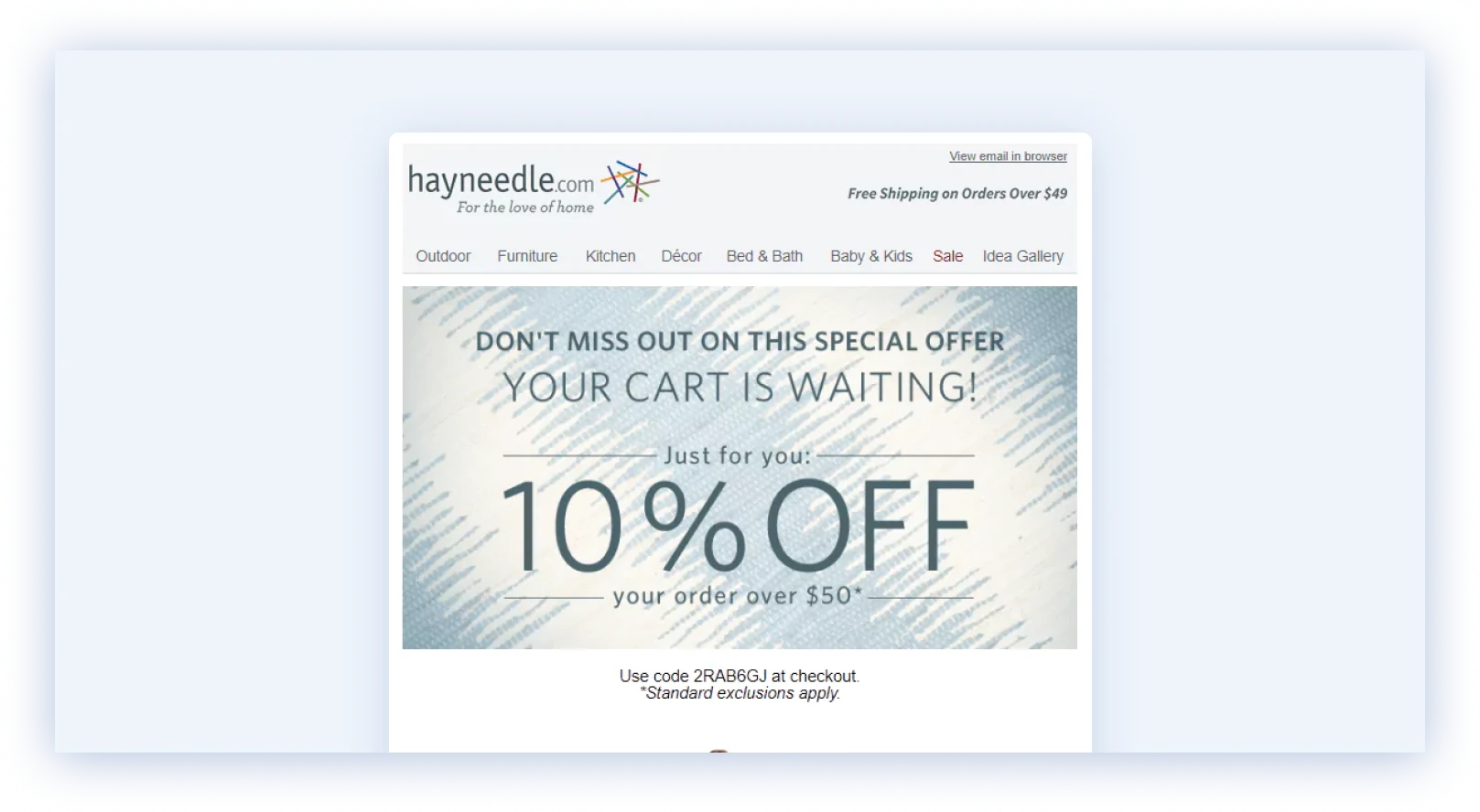 Abandoned cart email offering 10% off orders over $50, using a minimum spend threshold to protect margin