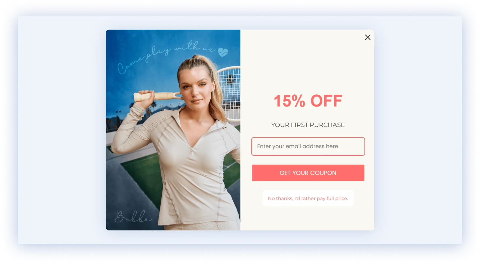 Email capture popup offering a 15% off discount code to first-time buyers on their first purchase