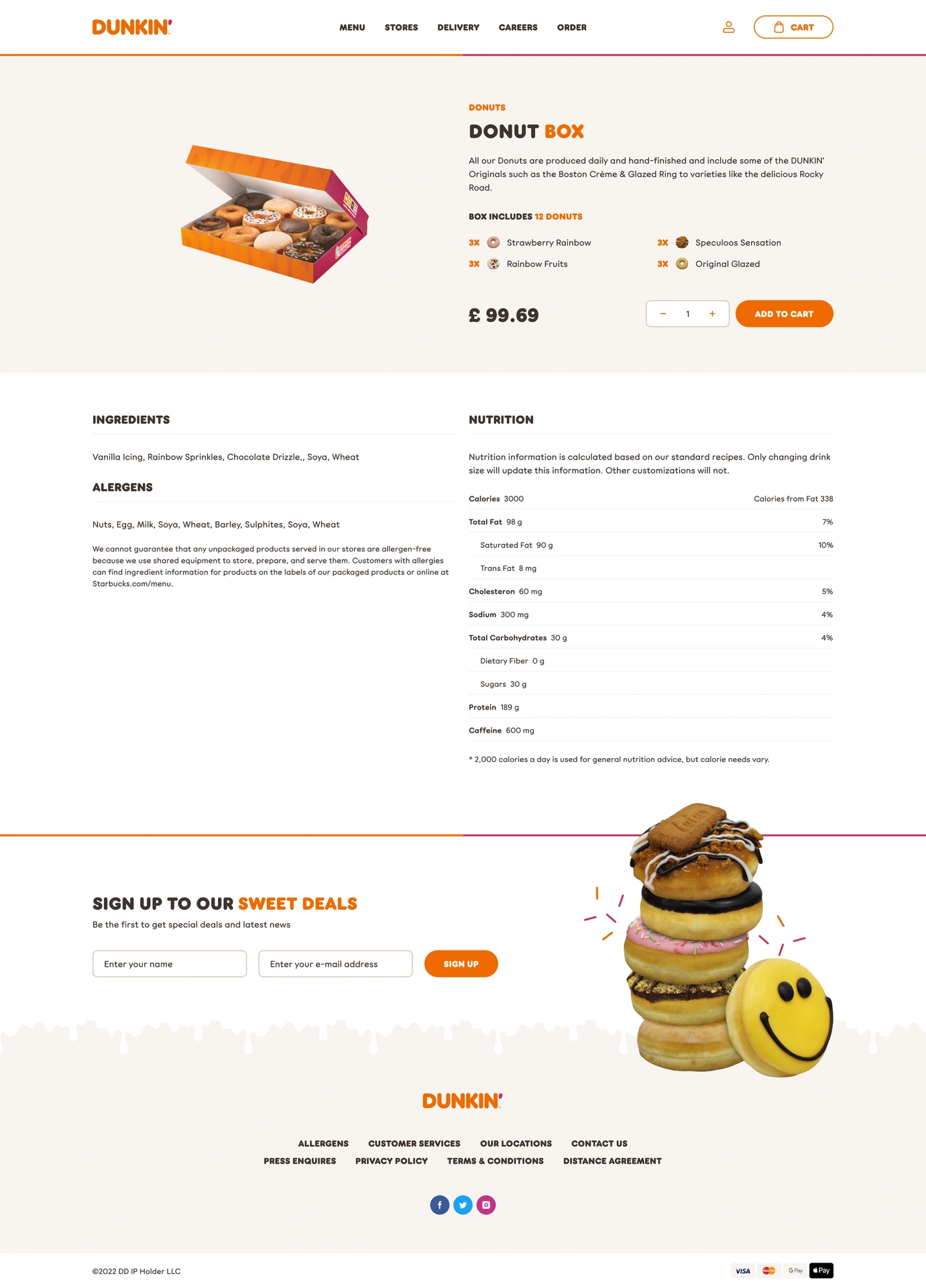 Specialty food storefront product page for a donut box with ingredients, nutrition and allergens