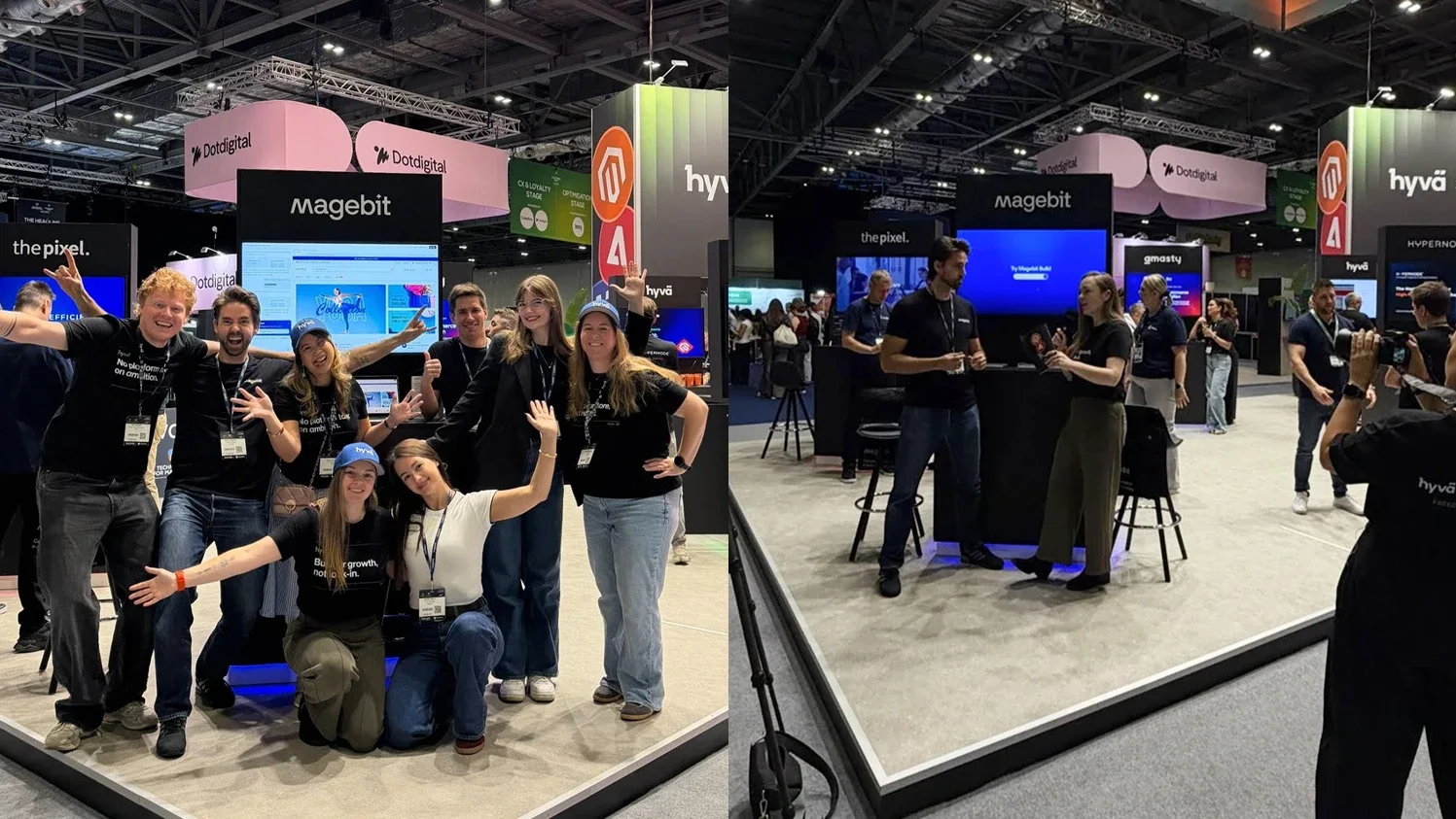 Magebit and Hyvä teams at the Hyvä stand at eCommerce Expo 2026, and the Hyvä team filming an interview with Nigel