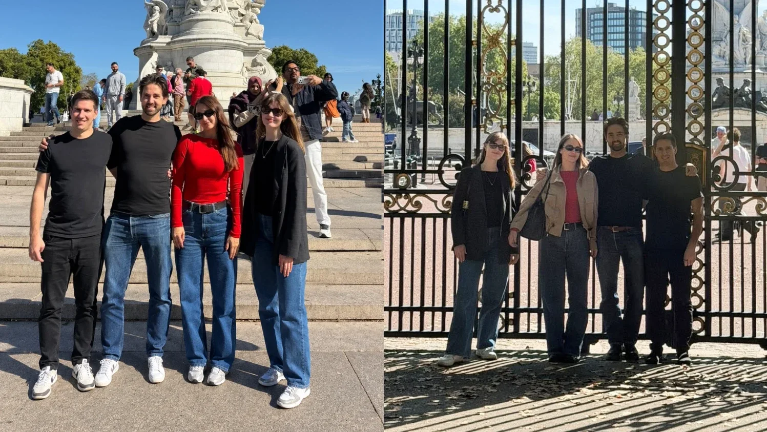 Magebit team members Arturs, Nigel, Ksenija and Sintija in central London near Buckingham Palace before eCommerce Expo 2026