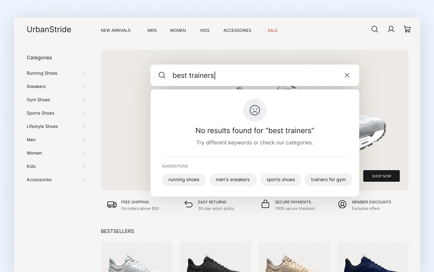 E-commerce site search showing no results for "best trainers" with suggested categories below