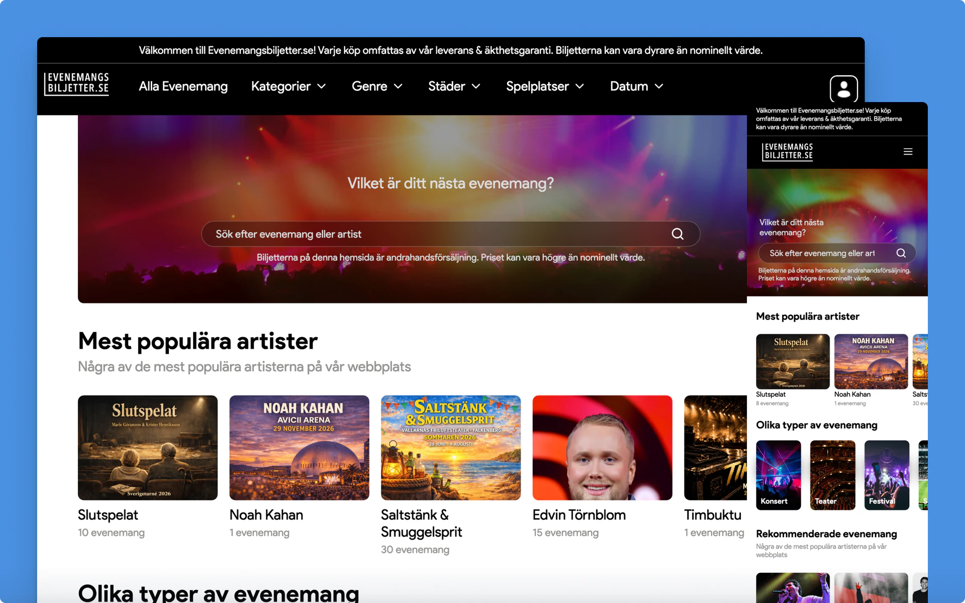 The Evenemangsbiljetter homepage on desktop and mobile
