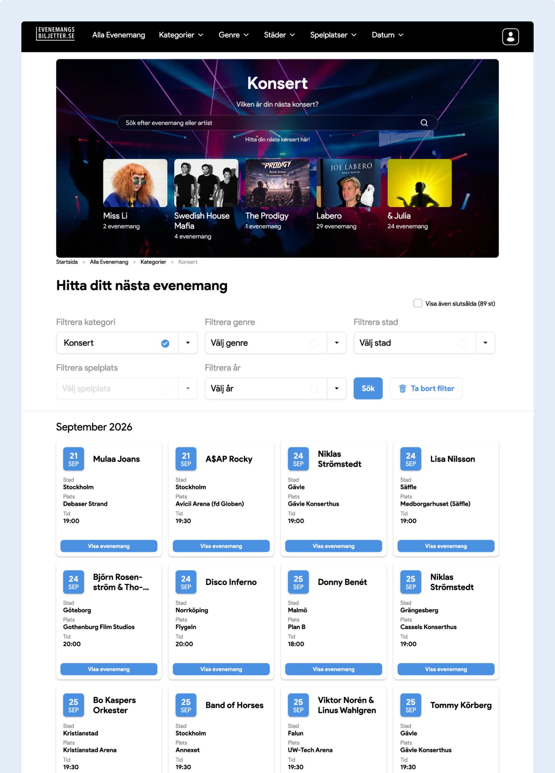 The Evenemangsbiljetter concert category page with event filters
