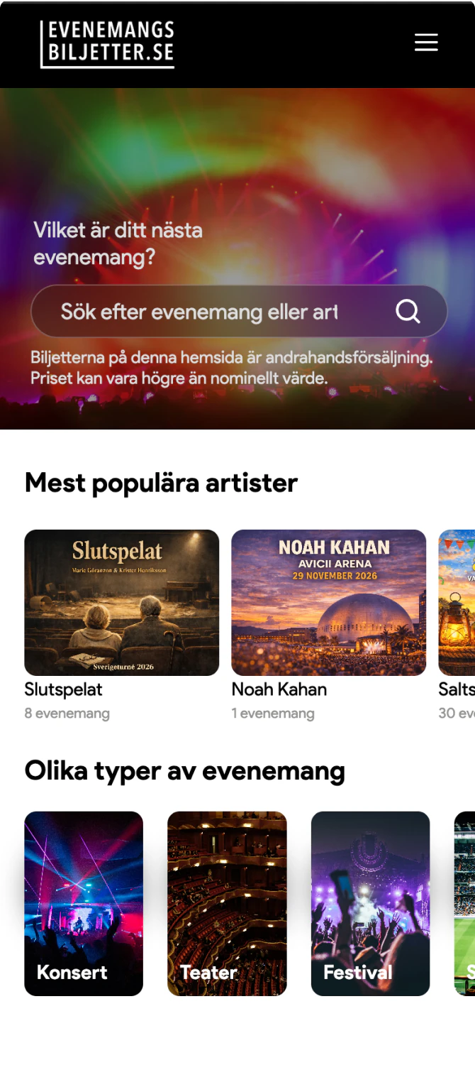 The Evenemangsbiljetter storefront on mobile