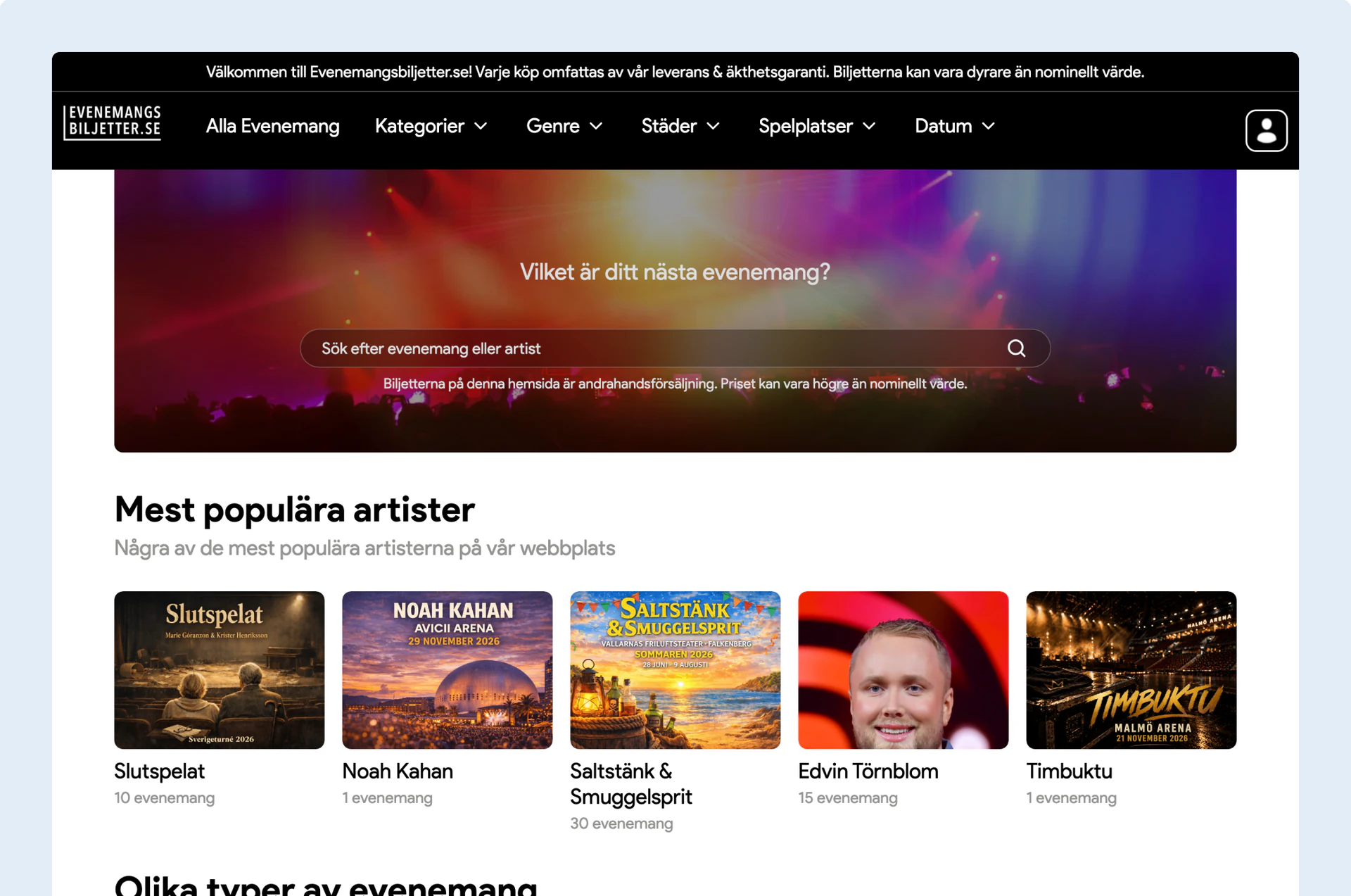The Evenemangsbiljetter homepage