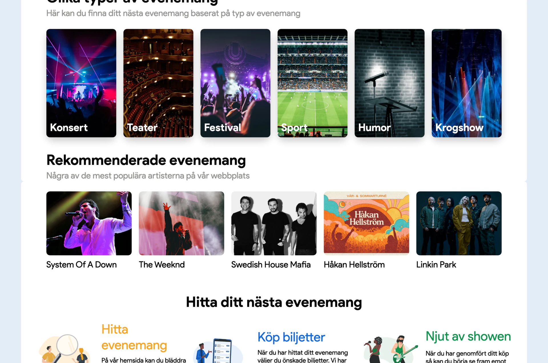 The Evenemangsbiljetter homepage, continued
