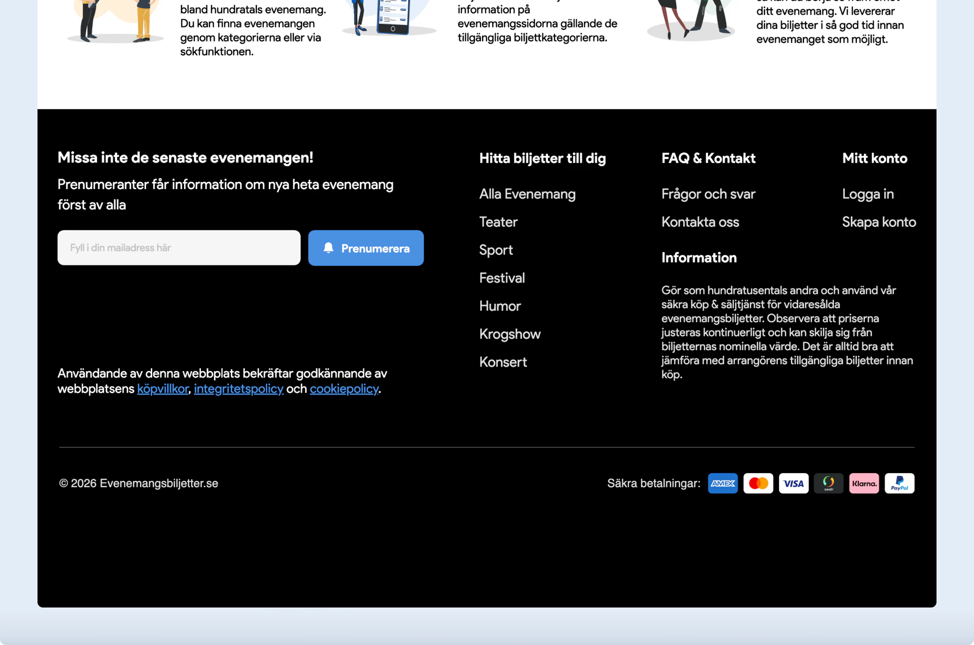 The Evenemangsbiljetter homepage footer