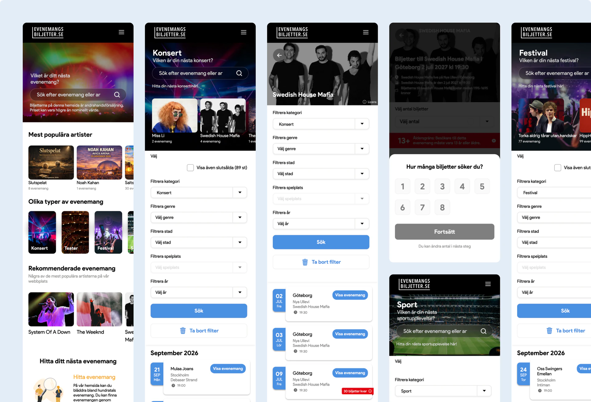 Evenemangsbiljetter pages on mobile
