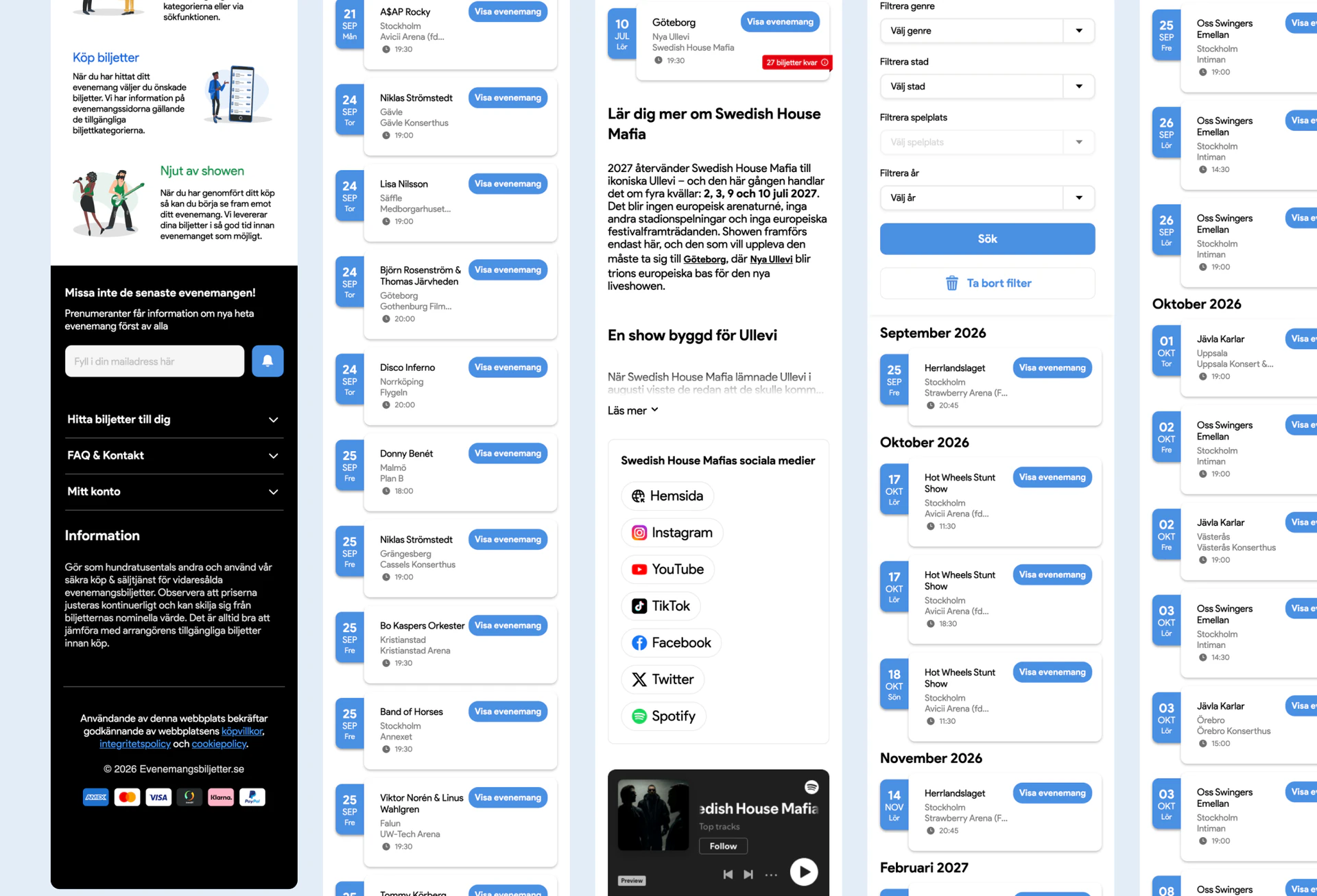 Evenemangsbiljetter pages on mobile, continued