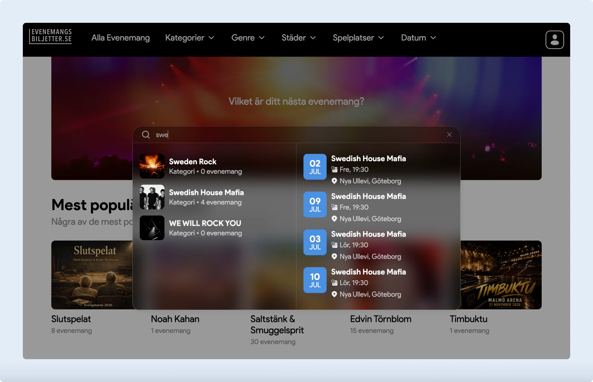 Smart event search suggesting artists and events as the customer types