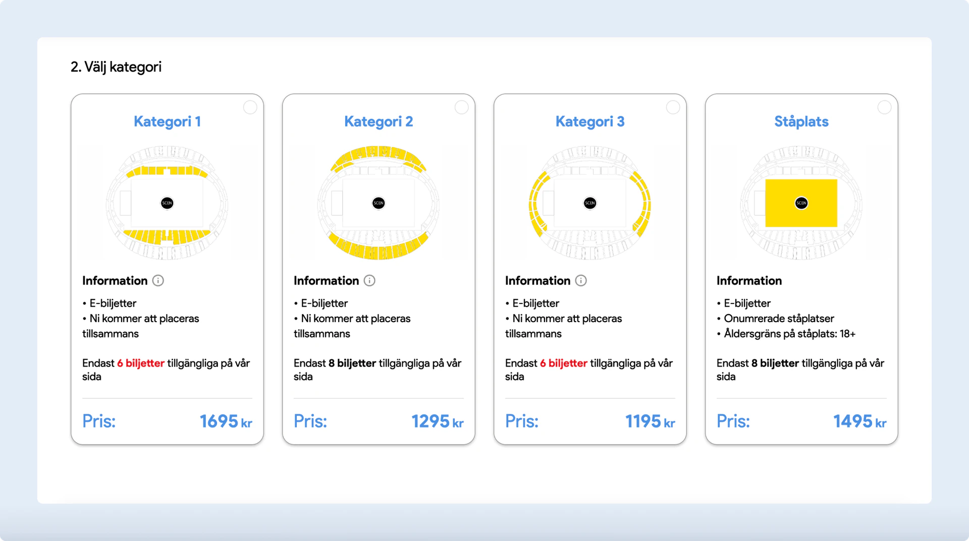 Ticket categories with seat information and prices