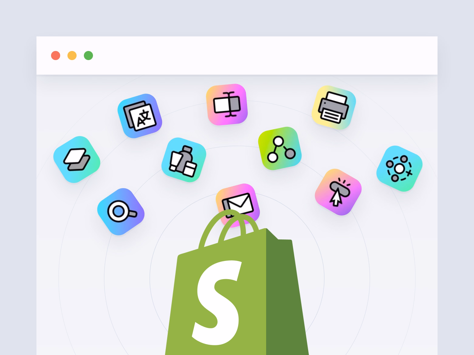 Shopify bag surrounded by app icons representing tools like printing, emailing, and searching.