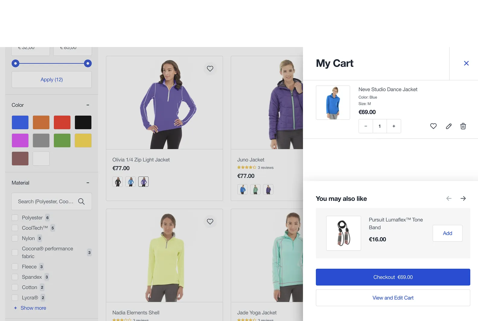 Online store page showing jackets with filter options and a shopping cart summary on the right side.