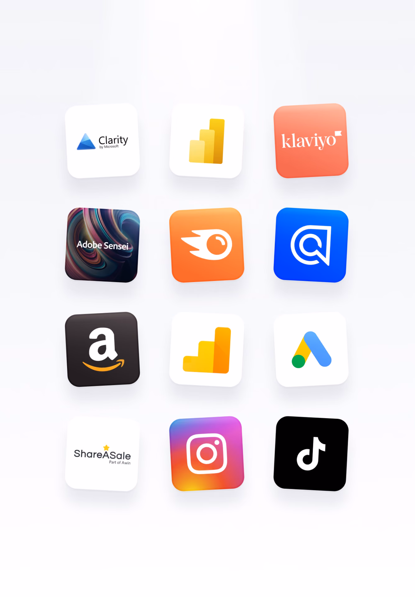 Grid of marketing tool icons including Clarity, Klaviyo, Adobe Sensei, Amazon, Instagram, and TikTok