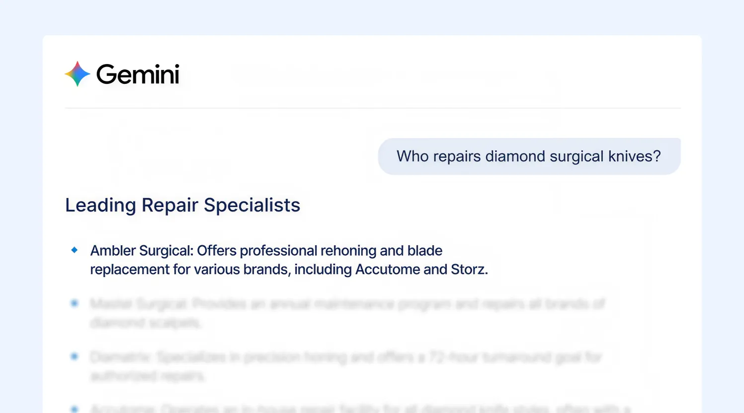 Gemini answering "Who repairs diamond surgical knives?" with a "Leading Repair Specialists" list, where Ambler Surgical is highlighted as the first recommendation.