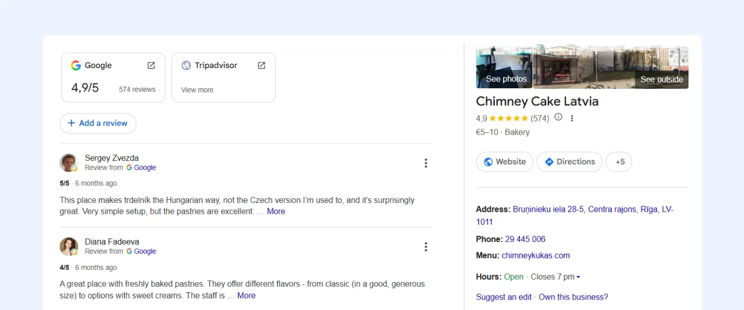 Customer reviews on a Google Business Profile showing a 4.9 out of 5 rating from 574 reviews, recent dated reviews and a Tripadvisor rating alongside store details.