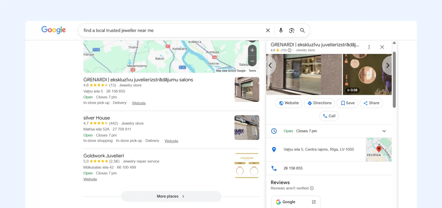A Google search for a local jeweller with the Local Pack on the left and a Google Business Profile panel on the right showing photos, hours, address, phone number and review options.