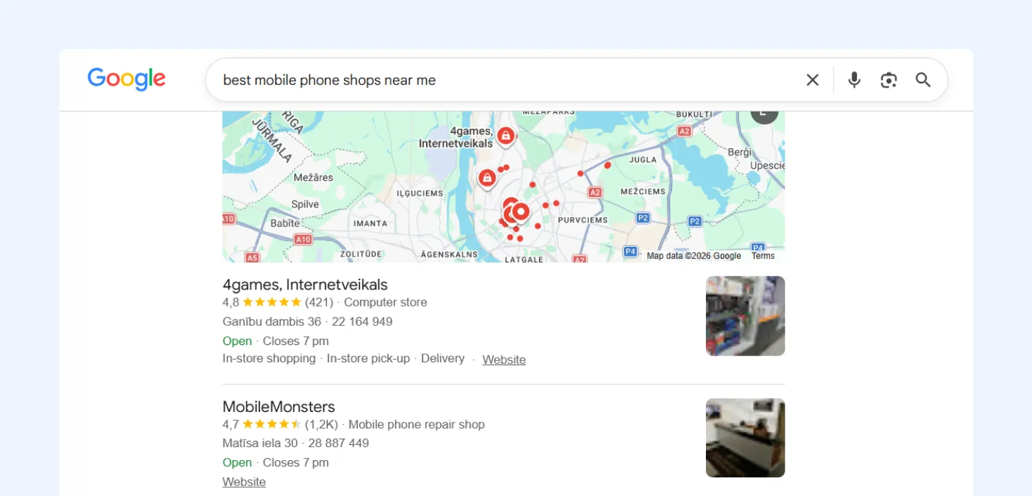 Google search results for "best mobile phone shops near me" showing a map and three nearby stores with ratings, addresses and opening hours.