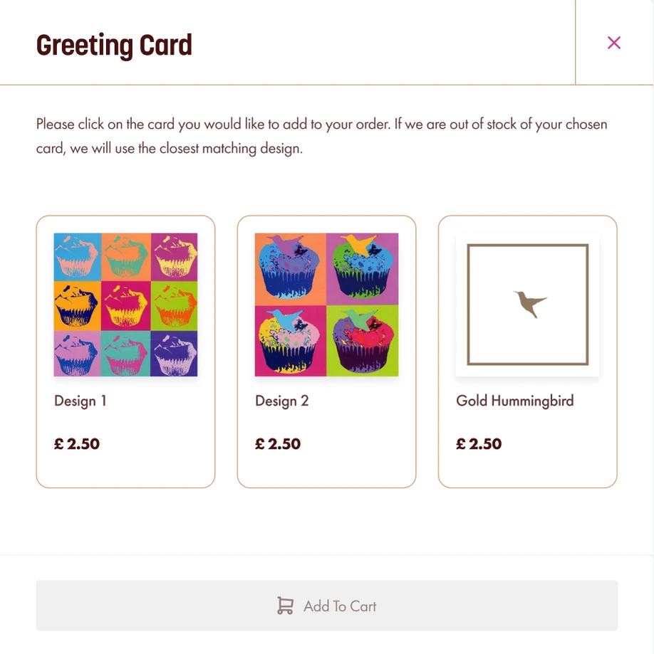 Greeting card picker with design options and add-to-cart