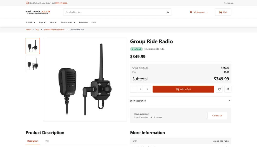Group Ride Radio product page with a configurable electronics catalog