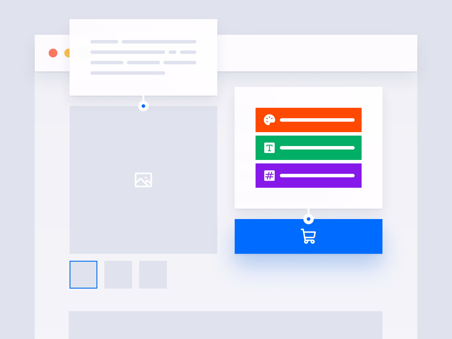 Abstract website design interface with color, text, and tag options and a blue shopping cart button.