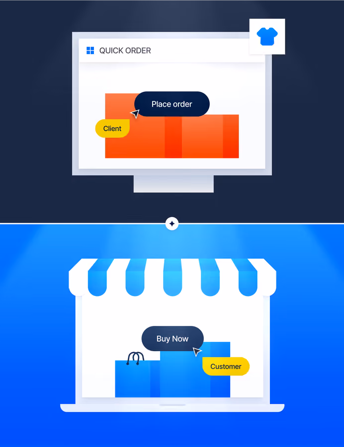 Top screen shows client placing order, bottom screen shows customer buying now with shopping bags.