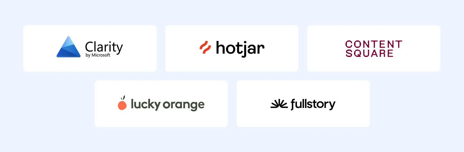 Logos of five behavioral analytics platforms: Microsoft Clarity, Hotjar, Contentsquare, Lucky Orange and FullStory.