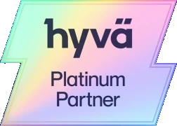 Hyvä Platinum Partner logo with holographic effect in a stylized lightning bolt shape.