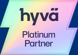 Hyvä Platinum Partner logo with holographic effect in a stylized lightning bolt shape.
