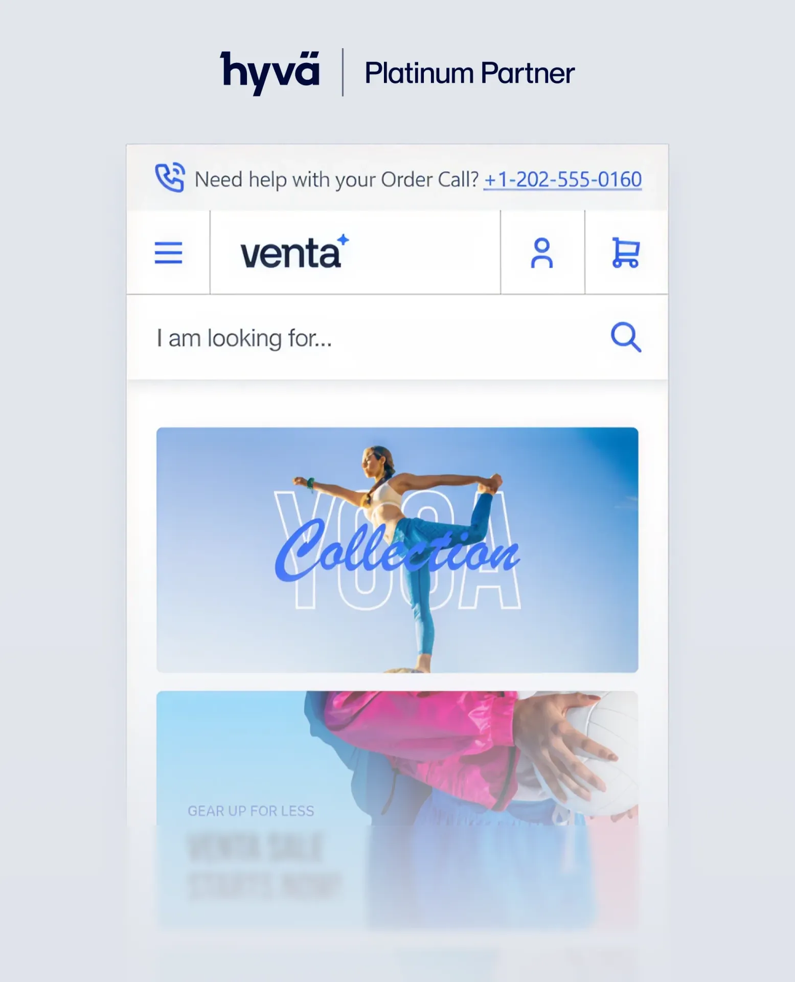 Hyvä Platinum Partner banner above a mockup of the Venta storefront showing a yoga collection.
