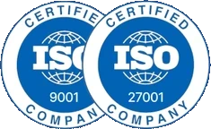 Two overlapping ISO certification logos: ISO 9001 and ISO 27001 certified company.