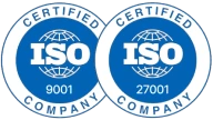 Two overlapping ISO certification logos: ISO 9001 and ISO 27001 certified company.