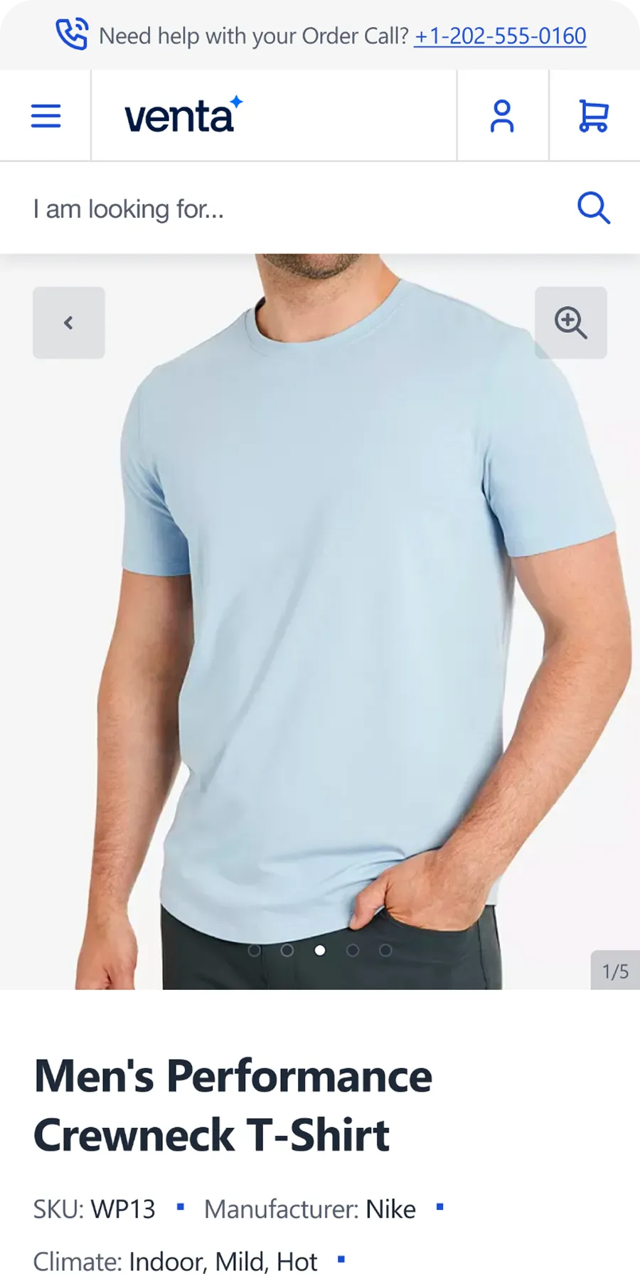 Man wearing a light blue men's performance crewneck T-shirt on a Venta storefront product page.