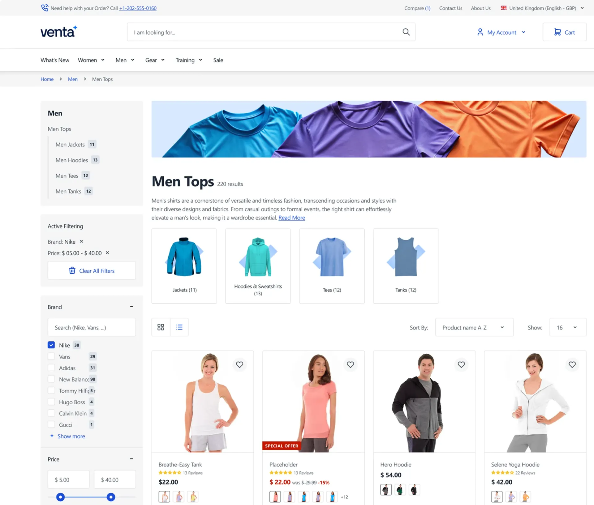 E-commerce webpage showing men's tops, filters by brand Nike, and product cards with prices.