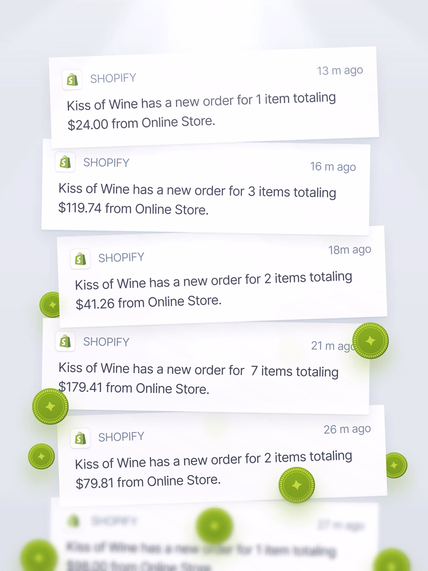 Shopify notifications showing multiple new orders for Kiss of Wine from the online store with totals and item counts.