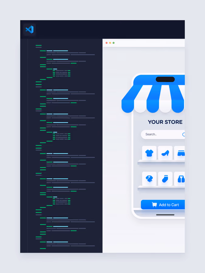 Split screen of code editor on left and an online store UI mockup on a phone on right.