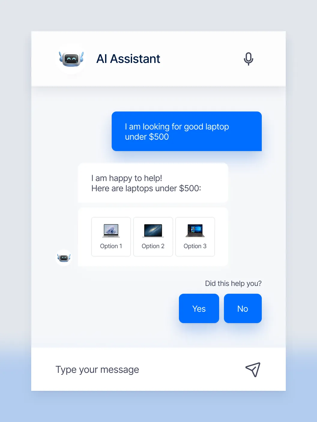Chat with AI Assistant showing laptop options under $500 and feedback buttons Yes and No.