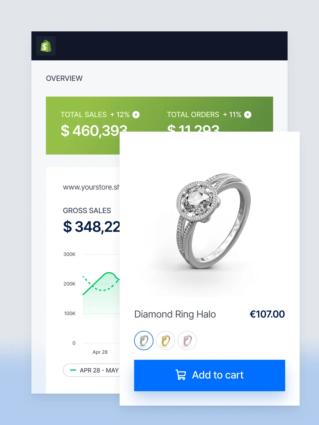 Product page showing Diamond Ring Halo for €107 with options and add to cart button.