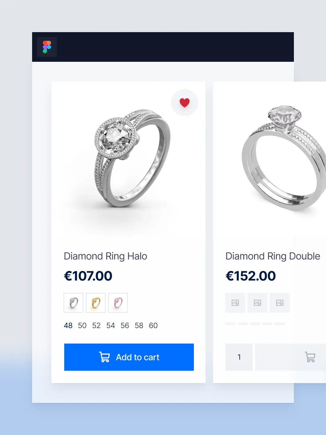 E-commerce product card showing Diamond Ring Halo priced at €107 with size options and add to cart button.