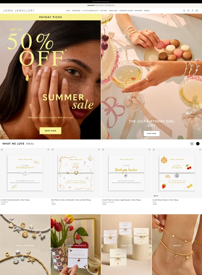 Joma Jewellery storefront — summer sale and birthday edit
