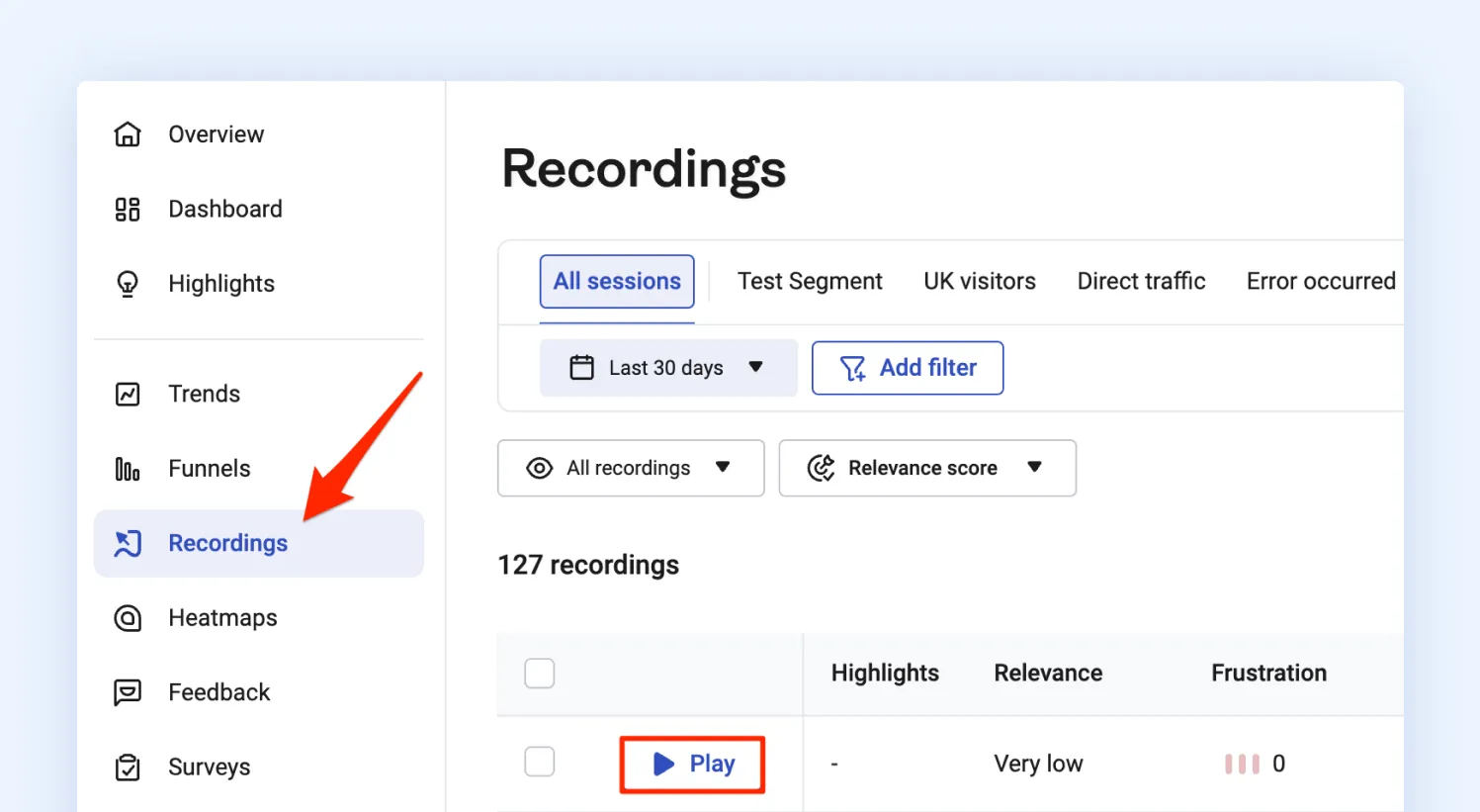 A session recordings dashboard in Hotjar, listing recorded visitor sessions with segment and date filters.